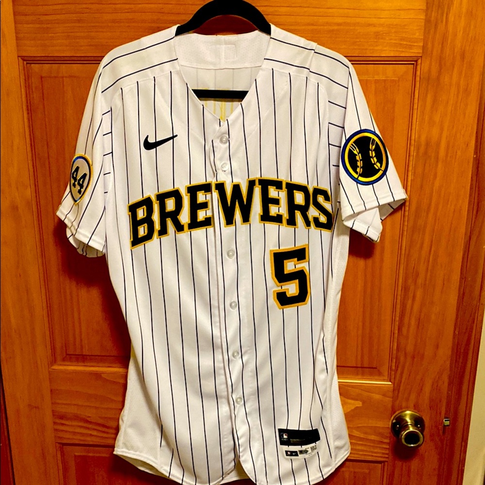 Nike Authentic Milwaukee Brewers Jersey with rare Hank Aaron patch. Escobar